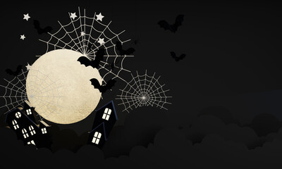 Dark Halloween background with spooky house, tree, cute ghost,  pumpkin, bat at night. Happy Halloween banner. with night sky and full moon. 3d rendering cartoon style on black background - 713010800