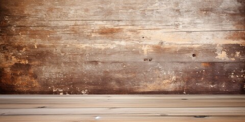 Grunge wallpaper underneath empty wooden deck table.