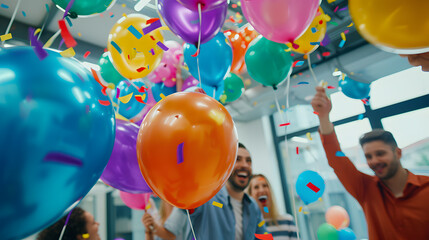 Vibrant Film Photography of Office Celebration with Balloons and Decorations