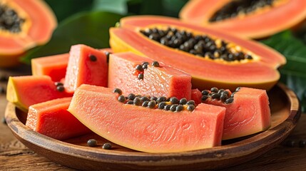 Experience the juicy succulence of ripe papaya, cut into tempting pieces, with the added texture of its seeds.