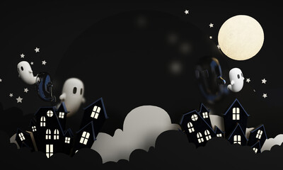 Dark Halloween background with spooky house, tree, cute ghost,  pumpkin, bat at night. Happy Halloween banner. with night sky and full moon. 3d rendering cartoon style on black background - 713011085