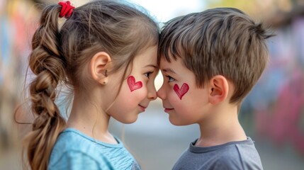 Close-up photo of a beautiful brother and sister with red hearts on their cheeks. They smile and look at each other on a blurry light background. Happy children concept.