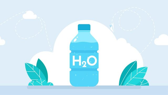 Water bottle. Water in a bottle with rising bubbles. Drinking water advertising. Inscription "H2O". Plastic or glass bottle of pure drinking water with a cap on a cartoon background. 2d flat animation