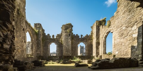 Medieval castle ruins with inner ward, windows providing views.