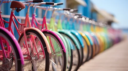 Keuken spatwand met foto Vibrant array of bicycles lined up at outdoor bike rack   cycling haven © Andrei