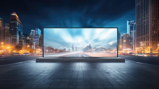 outdoor TV screen, LED panel displays a modern city in motion