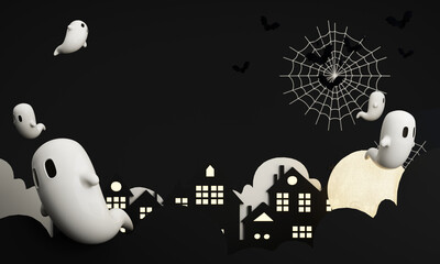 Dark Halloween background with spooky house, tree, cute ghost,  pumpkin, bat at night. Happy Halloween banner. with night sky and full moon. 3d rendering cartoon style on black background - 713012025