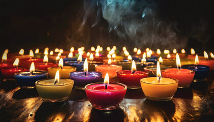Bottom view of a large large group of multicolored votive candles in a dark background, tealights. Concept of prayer and meditation. Generative Ai. - obrazy, fototapety, plakaty