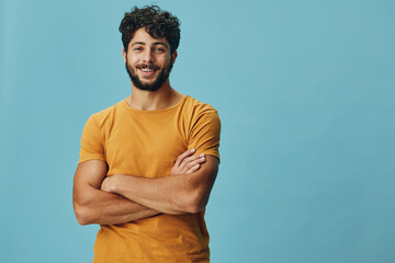 Background guy men face portrait happy business cheerful person expression smile young beard adult - obrazy, fototapety, plakaty