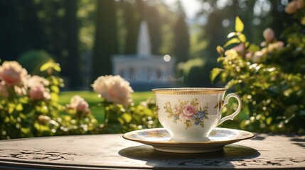 A marble tea cup and saucer placed on a pedestal, with a blurred garden scene as the backdrop