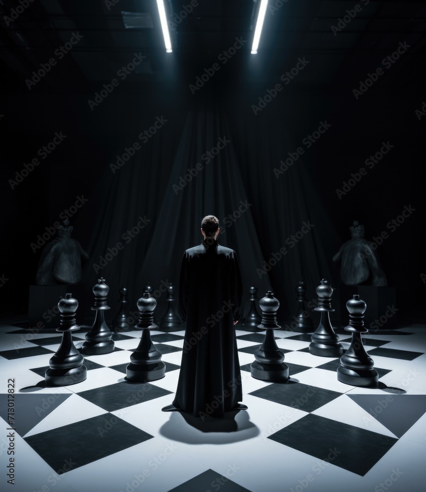 Poster a strategist in a black cloak stands before a chessboard, ready for a battle of intellect and strate