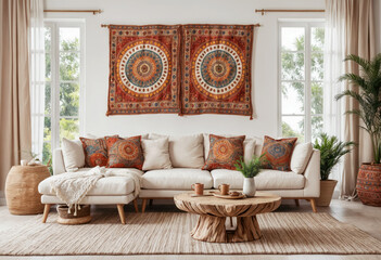 boho living room with a white sectional sofa, coffee table, and two tapestries on the wall