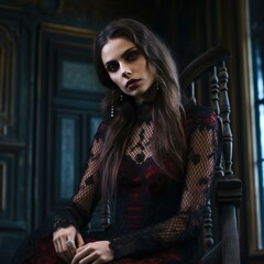 Obraz na płótnie Canvas A woman in a dramatic gothic attire sitting on a chair in an old castle. Generative AI.