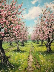 Naklejka premium Blossoming Springtime Orchards: Vintage Orchids Showcase in a Stunning Spring Landscape