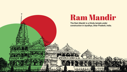 Sacred Ram Mandir: Line Art Illustration of Ayodhya, Uttar Pradesh. Ayodhya Temple Line Drawing. Uttar Pradesh Landmark Art. Sacred Ram Mandir Illustration