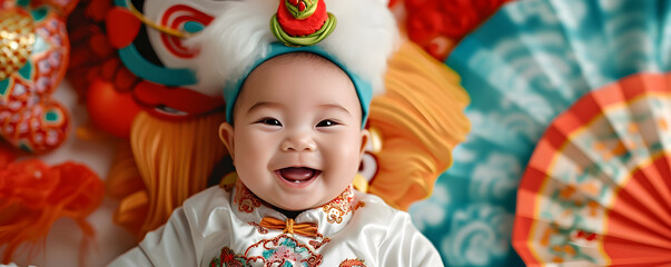 Cute Asian baby in Chinese traditional dress. Happy Chinese new year concept.