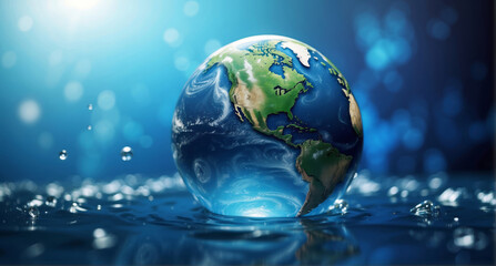 Fototapeta na wymiar earth in water with bright blue bokeh background, World Water Day banner concept