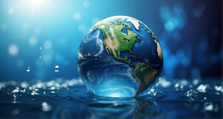 Fotobehang earth in water with bright blue bokeh background, World Water Day banner concept © Johan Wahyudi