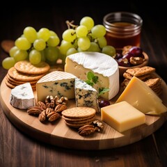 A delicious platter of artisanal cheeses, accompanied by grapes, nuts, and crackers on a wooden board. Generative AI.