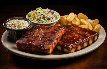 A mouthwatering plate of  ribs, fries, and coleslaw, perfect for a satisfying meal. Generative AI.