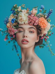 Beauty woman portrait with wreath from flowers on head blue background