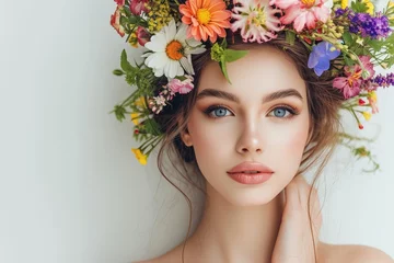 Foto op Canvas Beauty woman portrait with wreath from flowers on head over white background © Lubos Chlubny