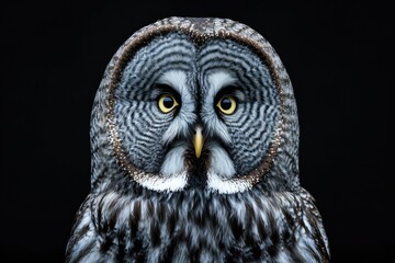 Great grey owl Strix nebulosa isolated of black background