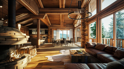 cozy warm home interior of a chic country house with an open plan. Ai Generative