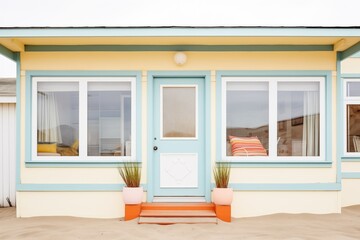 creamcolored beach cottage with blue window frames and sand dunes