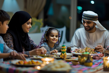 Ramadan Evening Iftar: A Family Celebration in Vivid Color Photography - obrazy, fototapety, plakaty
