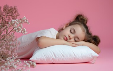 Naklejka premium Sweet baby girl child sleeping on pillow. Pastel pink background.