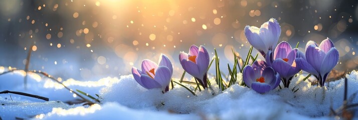 Crocus flower growth in the snow with sunbeam, springtime