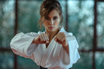 A beautiful woman in a white kimono and a black belt practices karate