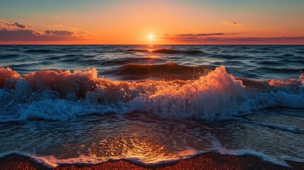 Fototapeta premium Beautiful ocean and sunset with a wave breaking on shore