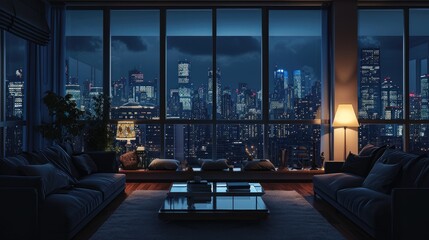 Realistic living room at night with a cityscape view - obrazy, fototapety, plakaty