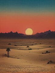 Fototapeta na wymiar Bohemian Sahara Twilight - Vintage Art Print capturing the Desert Charm