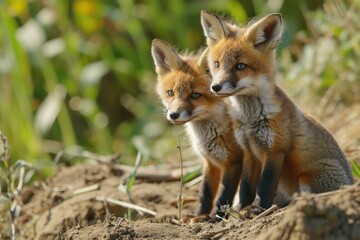 Red fox, cubs looking around near den