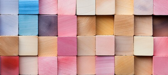 Assortment of vibrant and colorful wooden blocks stacked in a neat row on a wide background