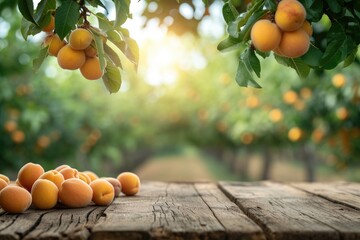 Wooden table top with apricots on blur background with apricot orchard - obrazy, fototapety, plakaty