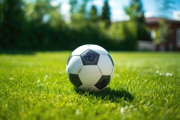 A soccer ball is placed on the green lawn in anticipation of the teams practicing