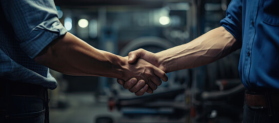 Close-up of a firm handshake between two professionals in a corporate environment, symbolizing partnership and agreement in factory garage workshop. - obrazy, fototapety, plakaty