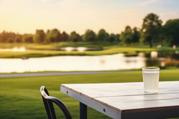 Wooden table spring nature bokeh background, empty wood desk product display mockup with green park sunny blurry abstract garden backdrop landscape ads showcase presentation. Mock up, copy space.