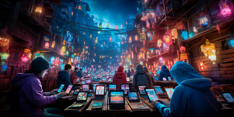 dystopian world with heavy pollution from factories. People are portrayed as obese and addicted to their phones. Bright colorful screens with advertising everywhere. - obrazy, fototapety, plakaty