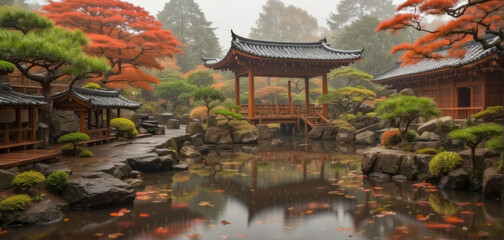 Japanese pavilion with beautiful pond when spring
