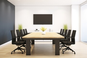 minimalist conference room with a black table and ergonomic chairs