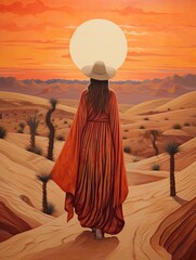 Vintage Boho Desert Sunset Art: Captivating Dune Wanderer Landscape Imagery