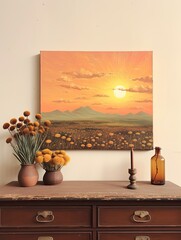 Boho Desert Sunset: Vintage Landscape Painting of Warm Horizon Field