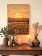 Boho Desert Sunset: Vintage Landscape Painting of Warm Horizon Field