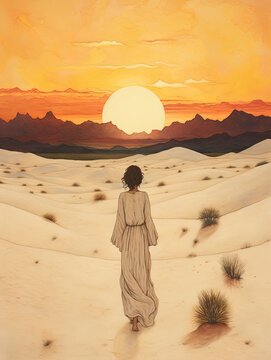 Vintage Boho Desert Sunset: Sand Whisperer Landscape Art Print