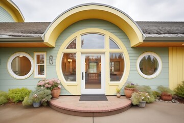 cottage with a round door and circular windows